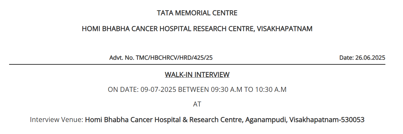 Tata Memorial Centre Walk-In for Junior Trial Coordinator – July 9, 2025 | ₹25,000–₹35,000 Salary