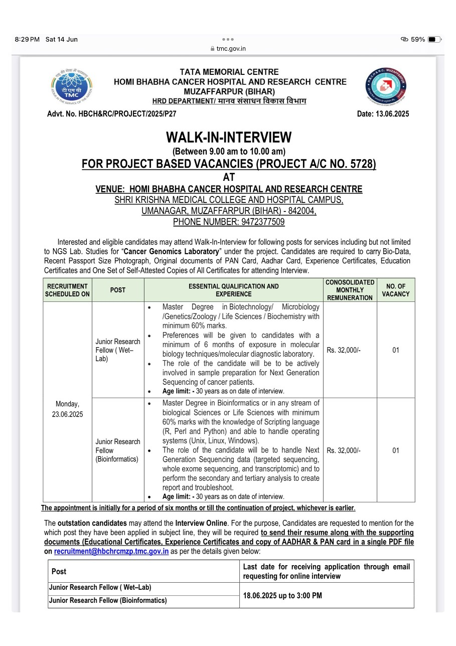 Tata Memorial Centre Walk-In Drive 2025: Junior Research Fellow Vacancies in Biotech & Bioinformatics – Apply by 18th June