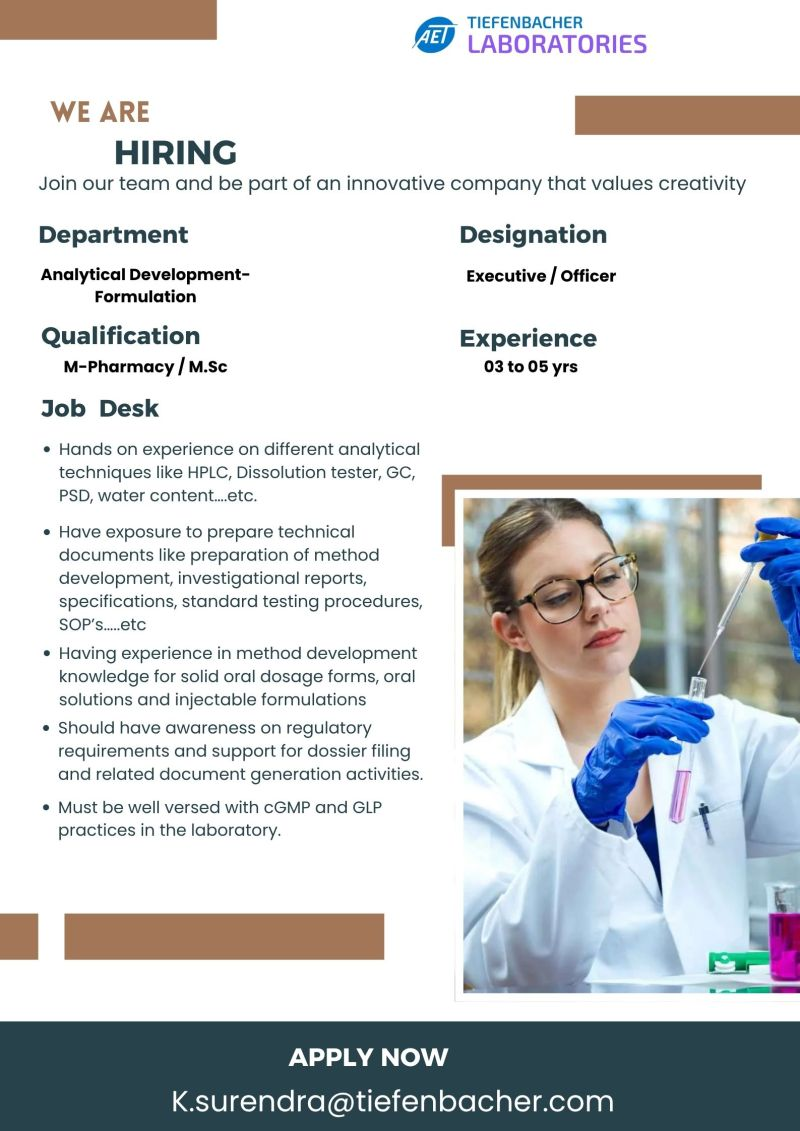 Tiefenbacher Laboratories Hiring 2025: Analytical Development Jobs in Hyderabad | Apply Now