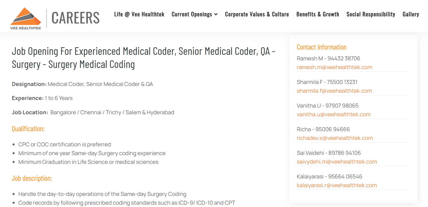 Vee Technologies Hiring 2025: Medical Coders, Senior Coders & QA Roles – Apply Now in Bangalore, Chennai, Trichy, Salem & Hyderabad