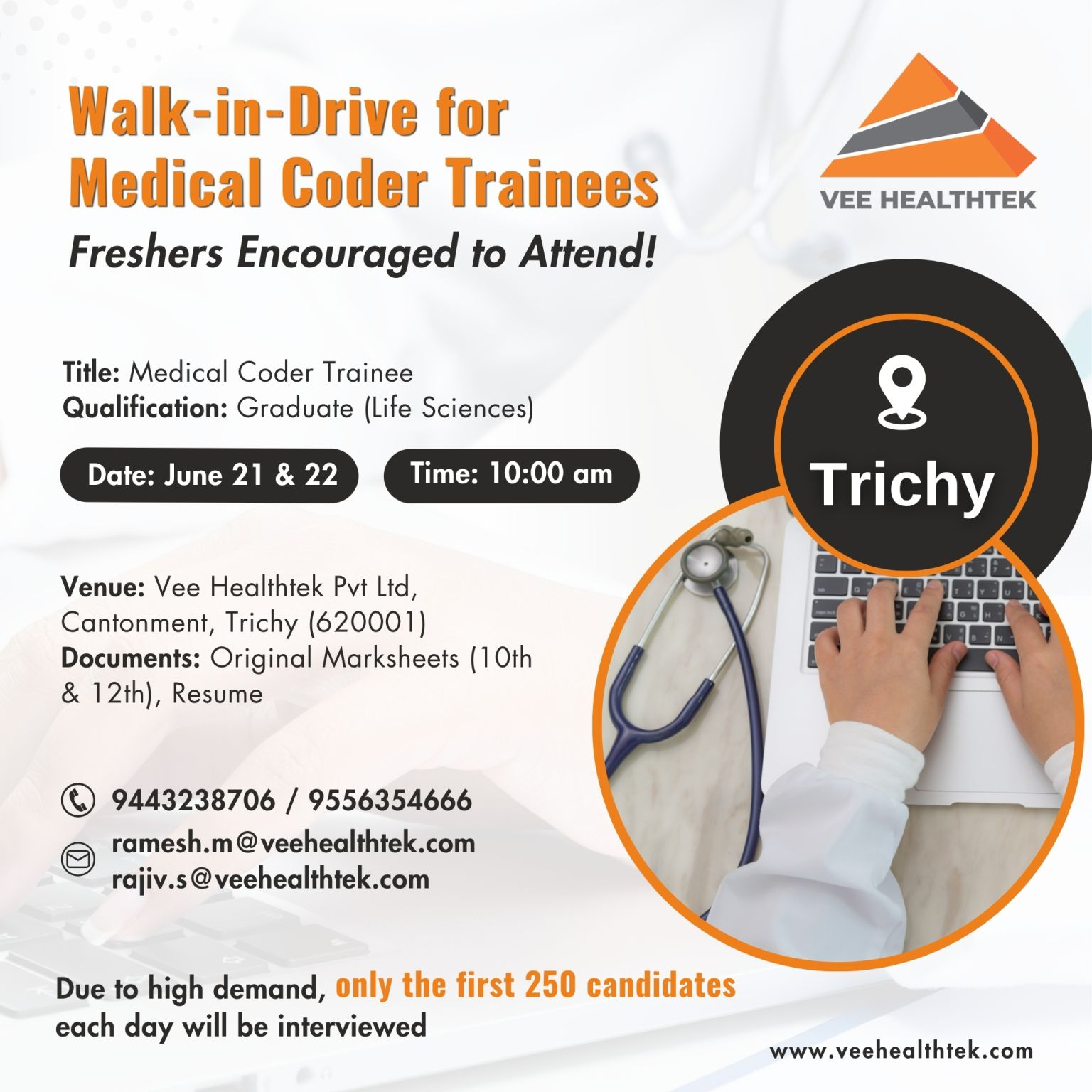 Vee Healthtek Walk-In Drive 2025 – Medical Coder Trainee Jobs for Freshers in Trichy on 21st & 22nd June