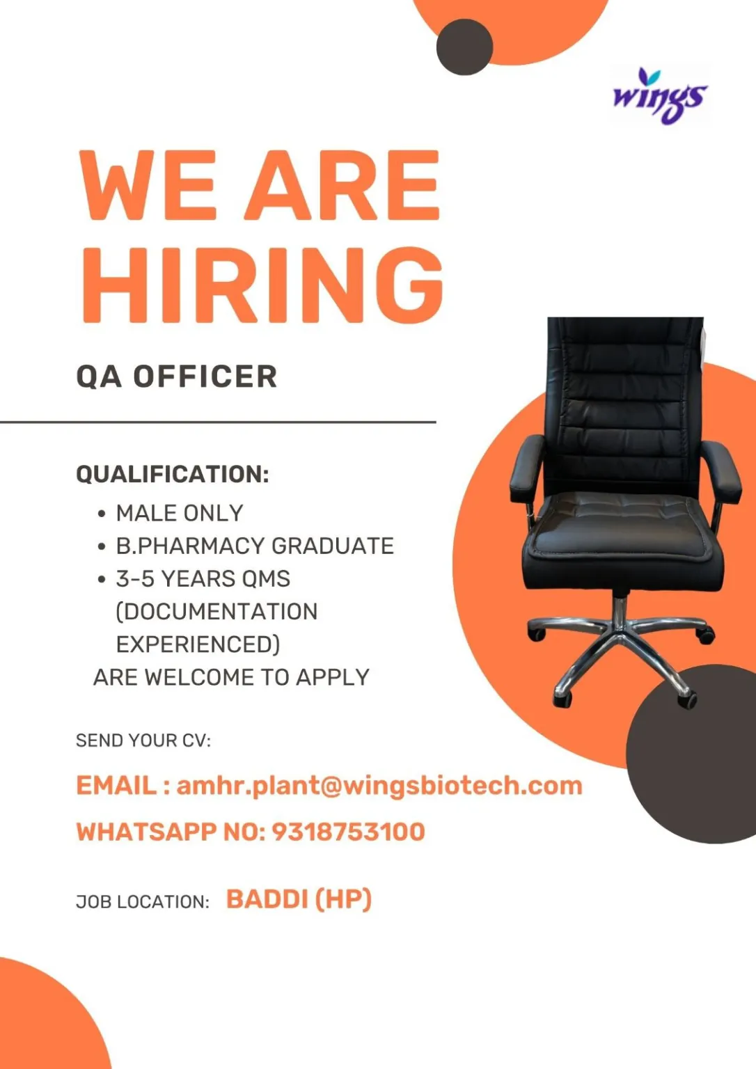 Wings Biotech Hiring QA Officer in Baddi – Apply Now for Quality Assurance Jobs in Pharma (B.Pharm, 3–5 Yrs Exp)