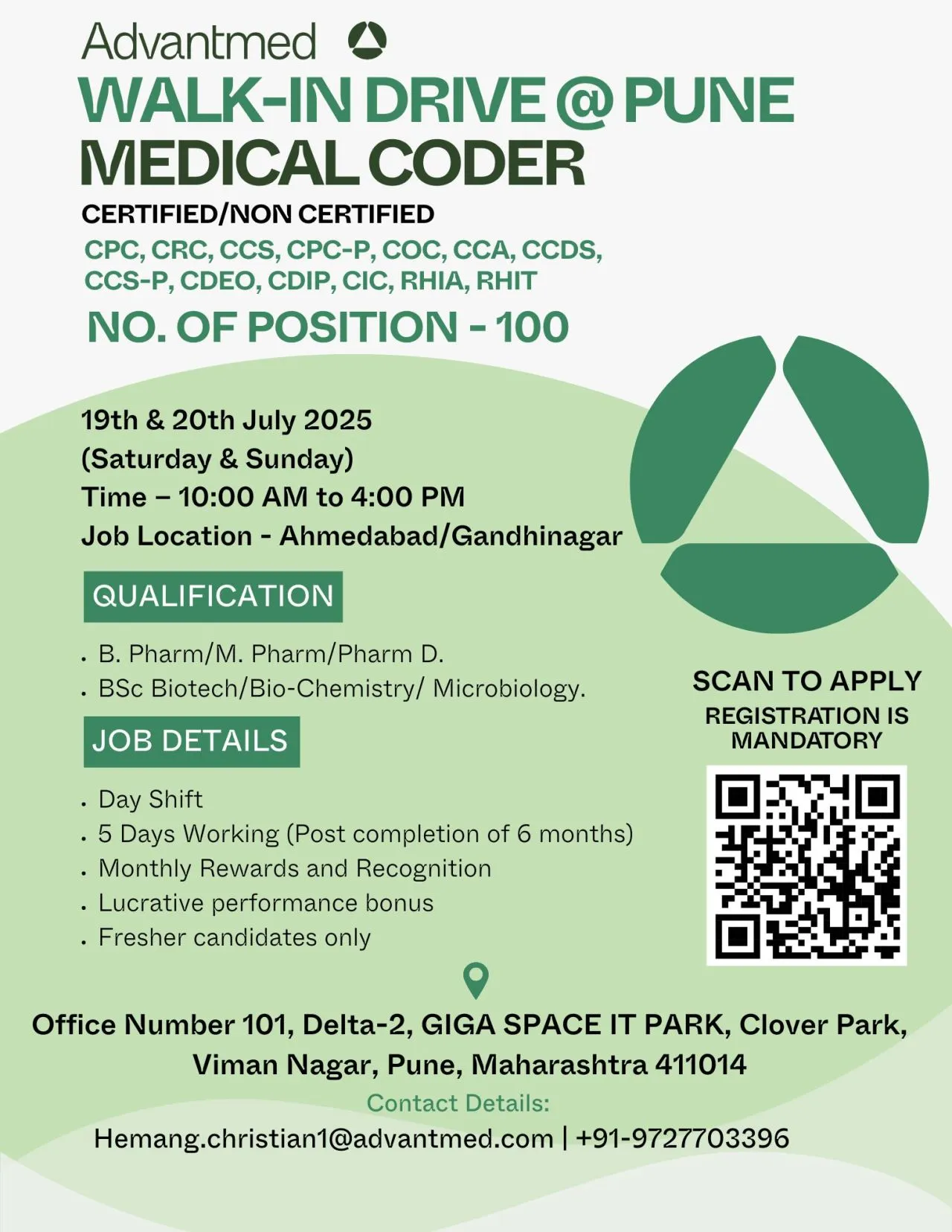 Advantmed Walk In Drive – 100 Openings for Medical Coders (B.Pharm, M.Pharm, B.Sc, Pharm.D Freshers)