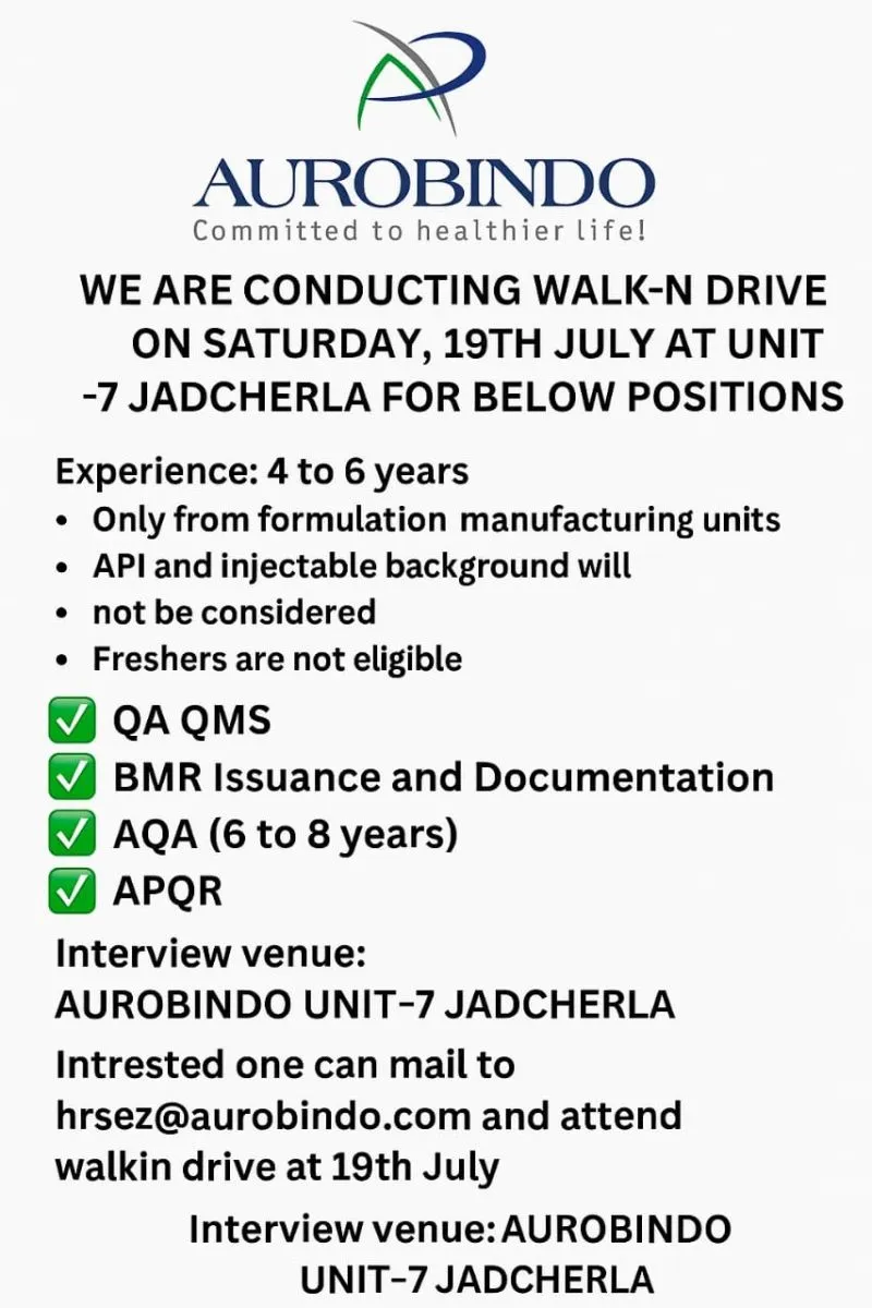 Aurobindo Pharma Walk In Interview for Quality Assurance Roles – Apply Now