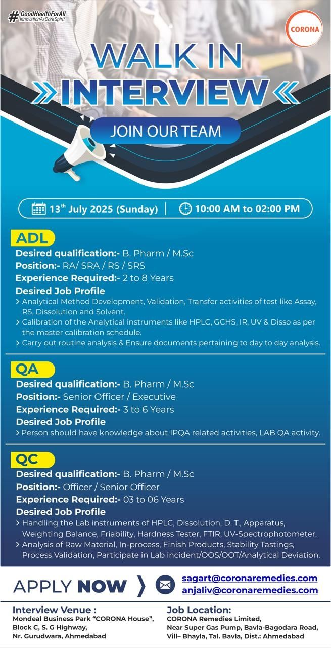 Corona Remedies Walk-In Interview for ADL, QA & QC Roles
