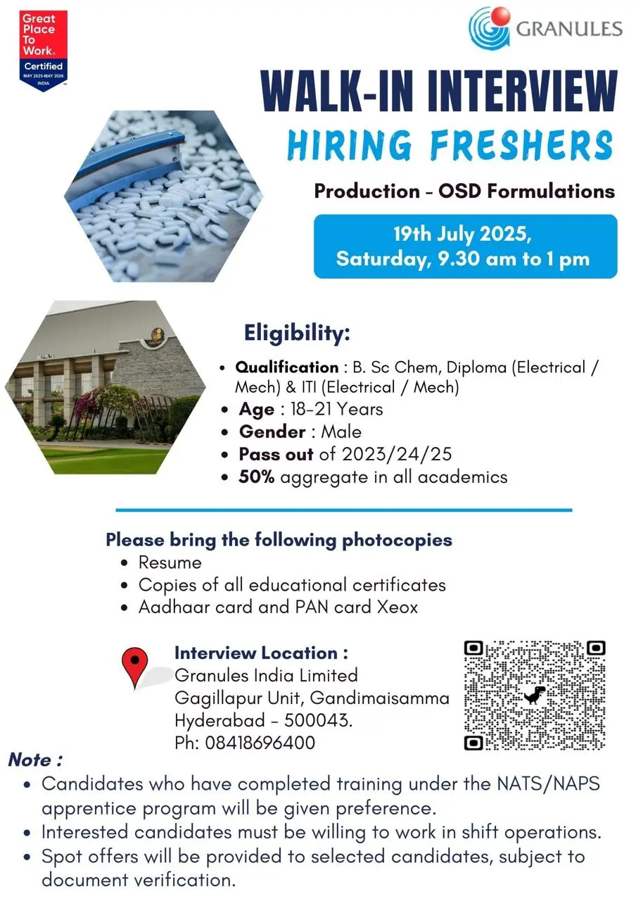 Granules India Freshers Walk In Interview – Production Jobs