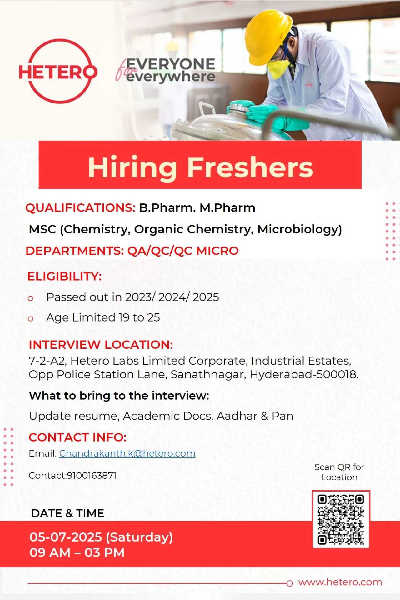 Hetero Labs Freshers Walk-In Interview on 5th July 2025 for M.Pharm, B.Pharm, M.Sc Graduates – Start Your Pharma Career Today!