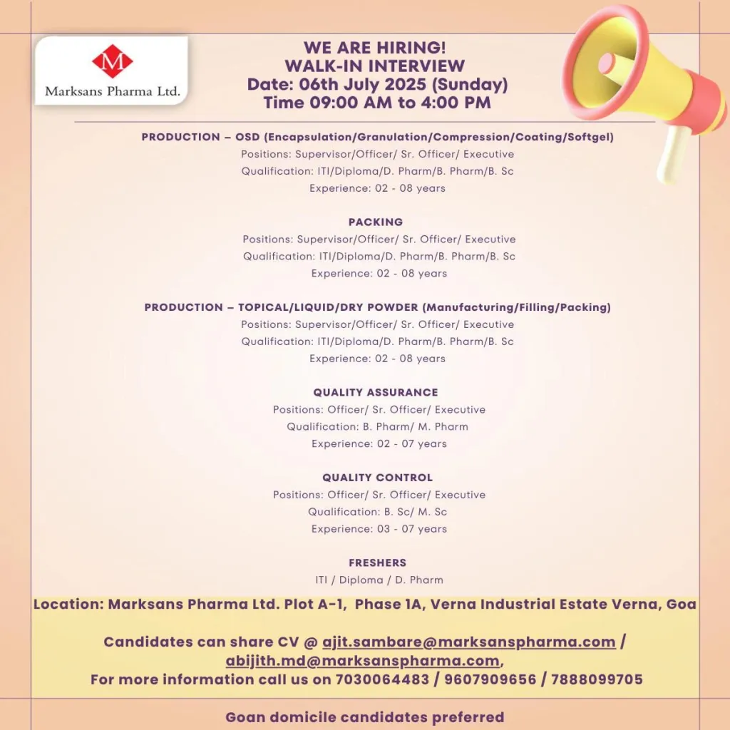 Marksans Pharma Walk-In Interview – Production, QA, QC & Packing Jobs
