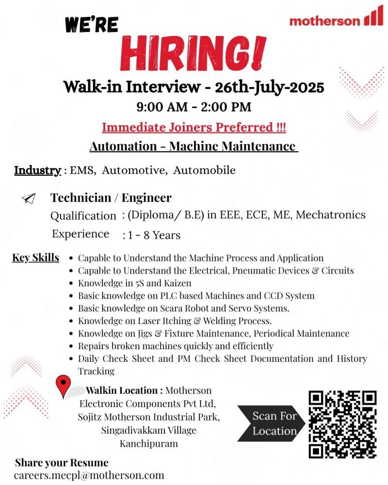 Walk-in interview at Motherson Electron