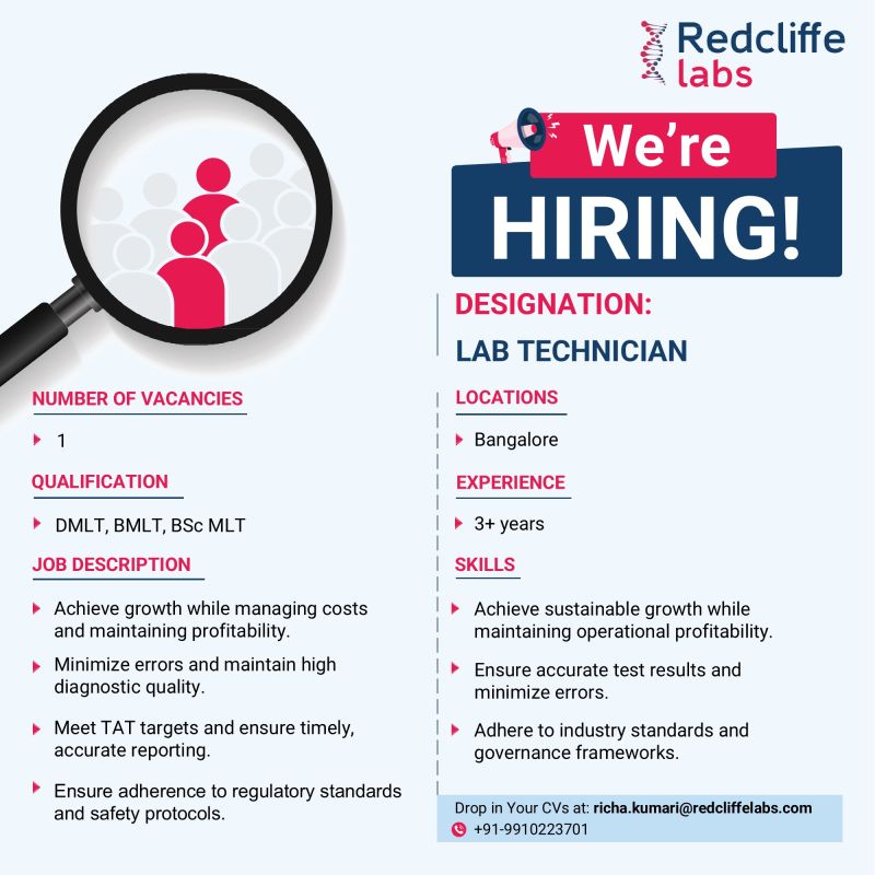 Redcliffe Labs Hiring Lab Technician – Apply Now (DMLT/BMLT/BSc MLT)