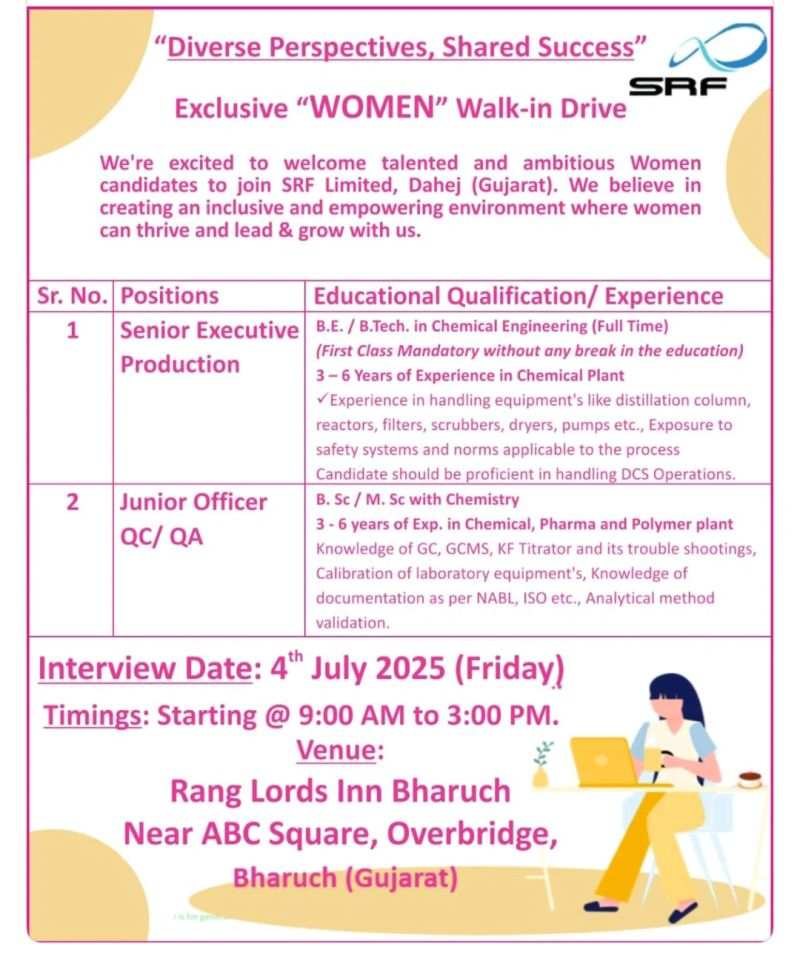 SRF Limited Exclusive Women Walk In Interview – Production & QC/QA Jobs | July 4, 2025