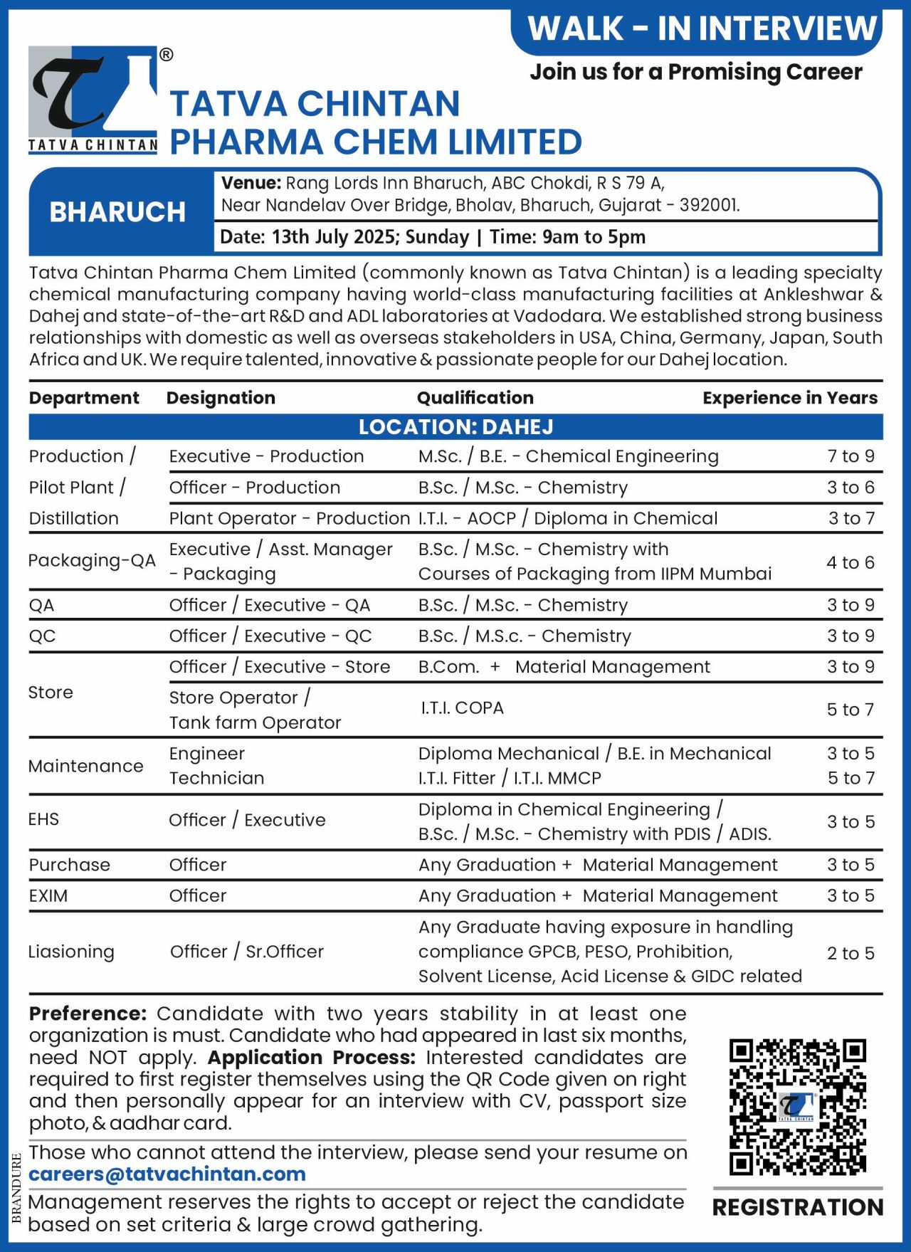 Tatva Chintan Pharma Chem Walk In Interview – Jobs for QA, QC, Production, Packaging, Maintenance & More | July 13, 2025