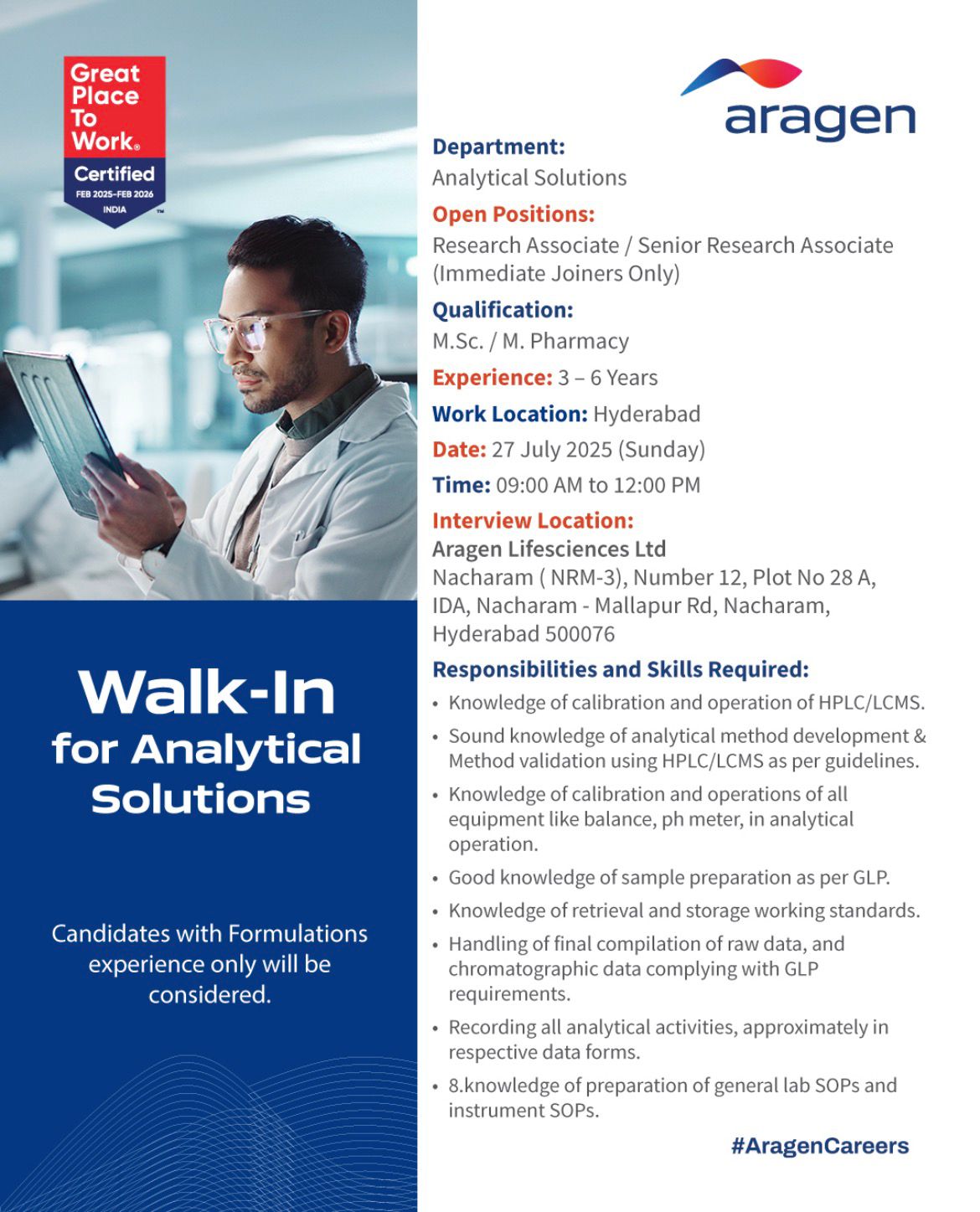 Aragen Walk-In Interview: Analytical Solutions Jobs  for Research Associates
