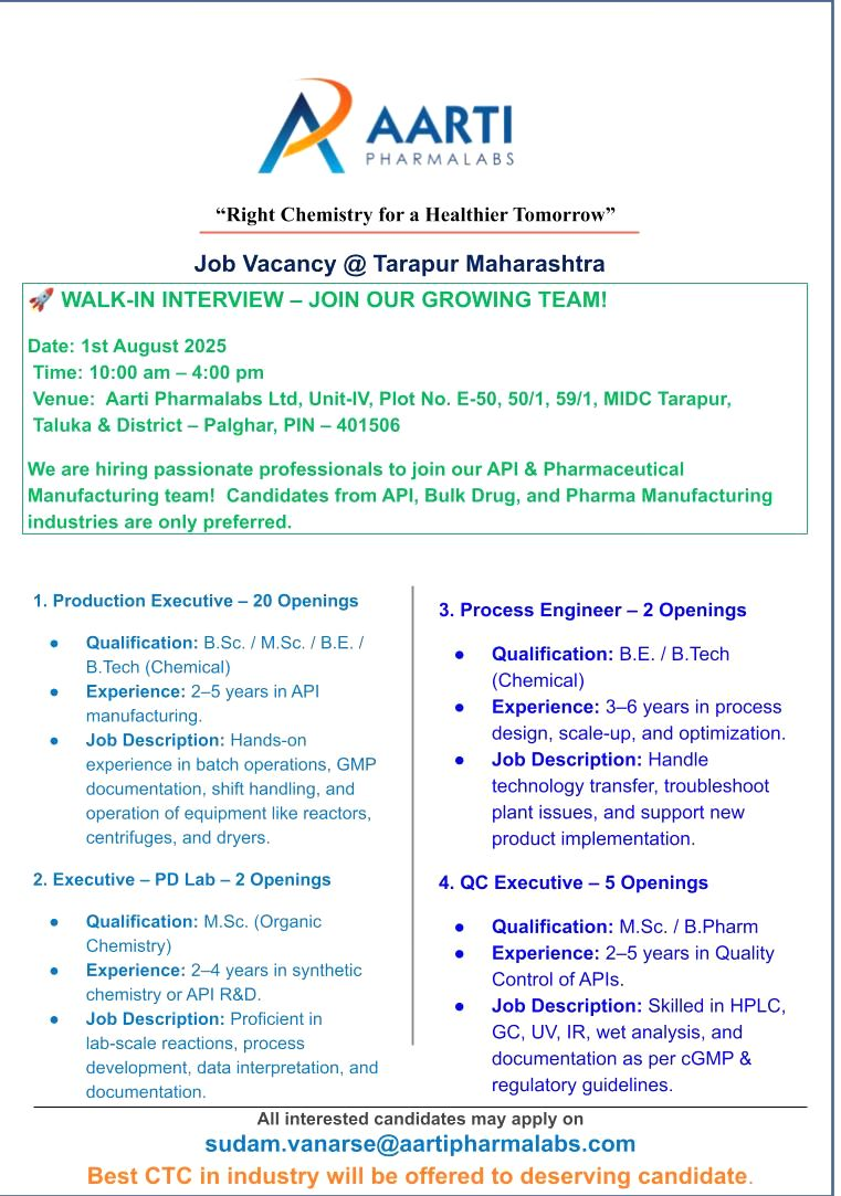Walk-In Interview for API & Pharma Jobs