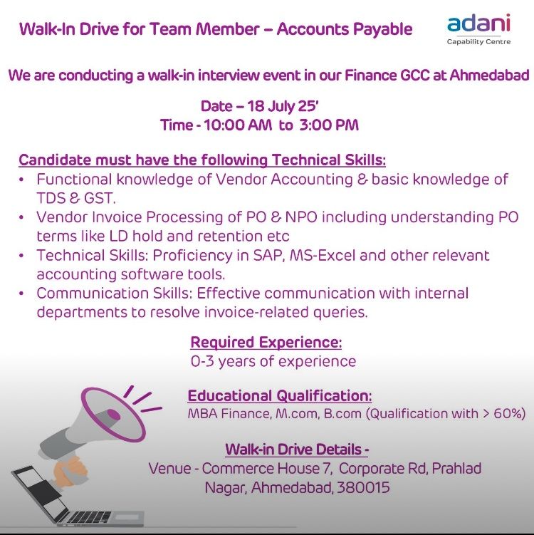 Adani Walk-In Drive for Accounts Payable Role | 0–3 Yrs Experience