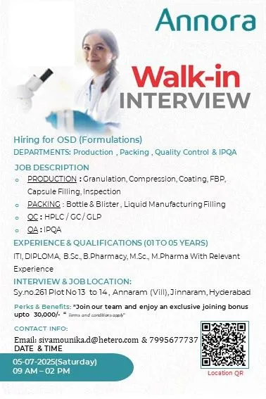 ANNORA Pharma Walk-In Interview for Production, Packing, QC, QA Jobs – 5th July 2025 | Apply Now