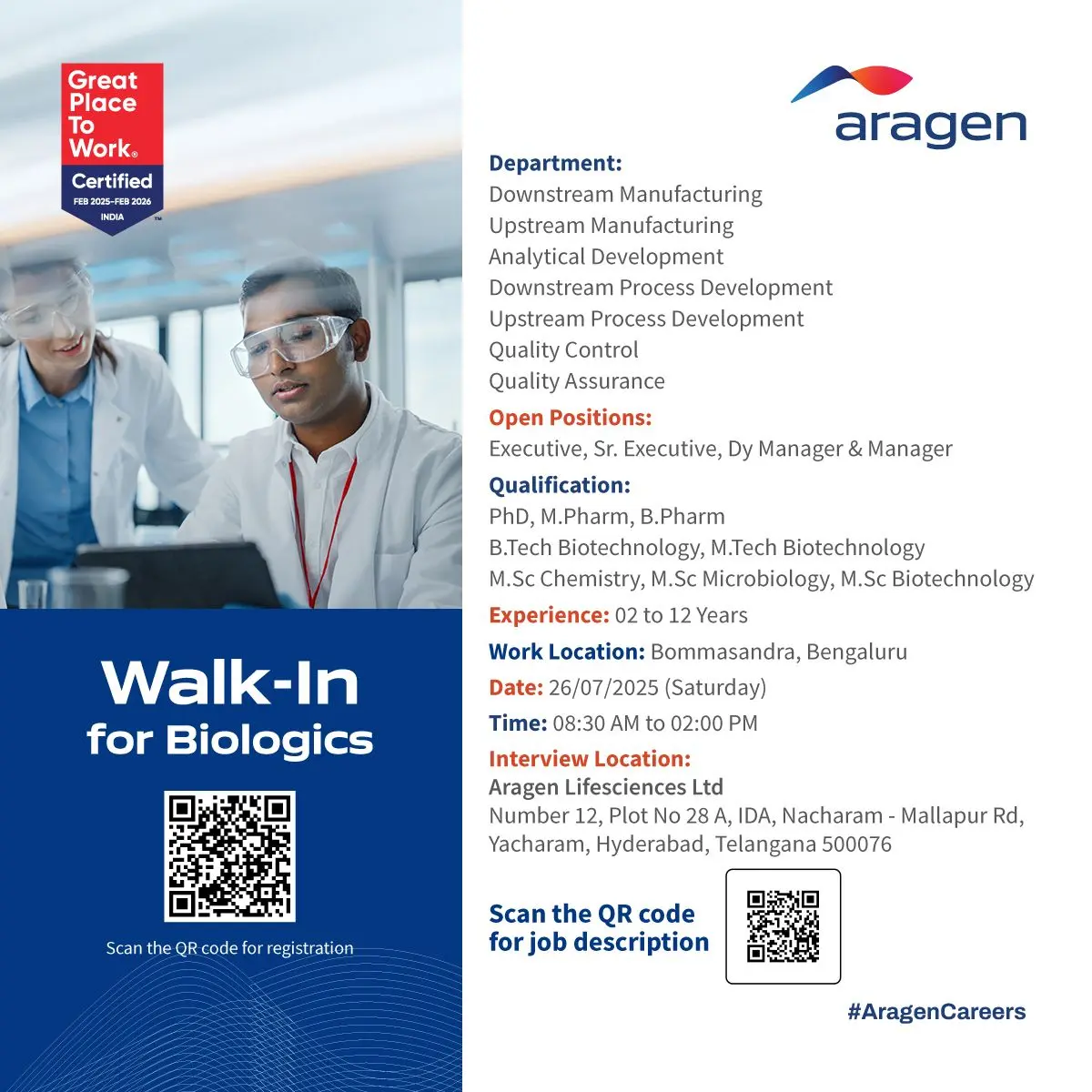 Aragen Lifesciences Walk In Drive – Biologics Manufacturing, QC, QA & Process Development Jobs | Apply Now