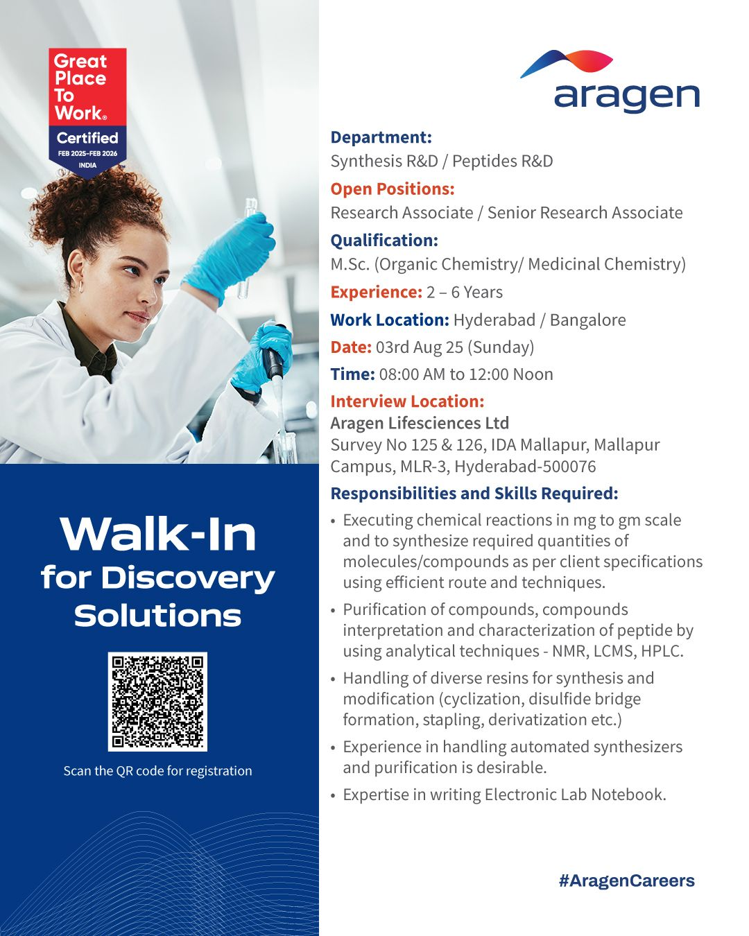 Aragen Lifesciences Walk In Interview – R&D Chemist Jobs