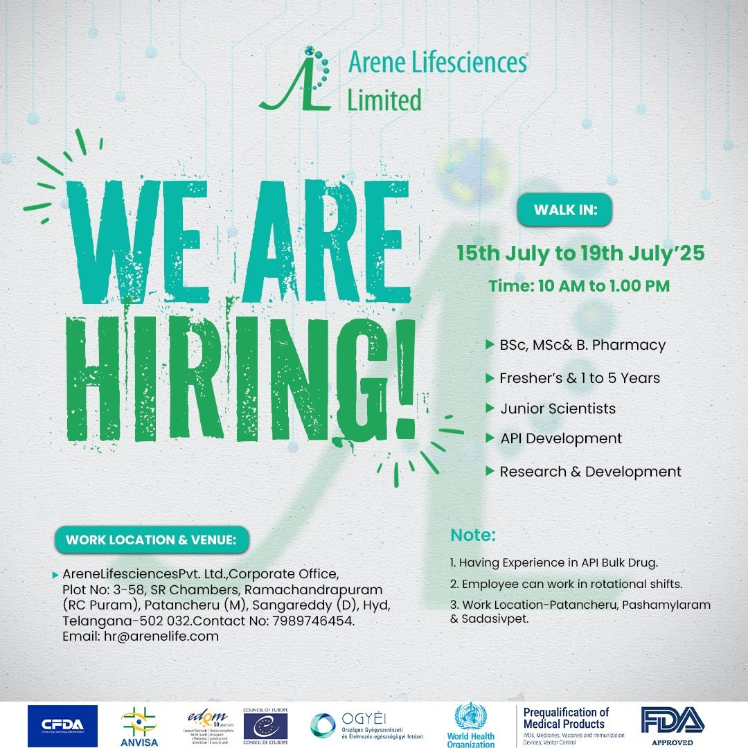 Arene Lifesciences Walk-In Interview for Junior Scientist API Jobs