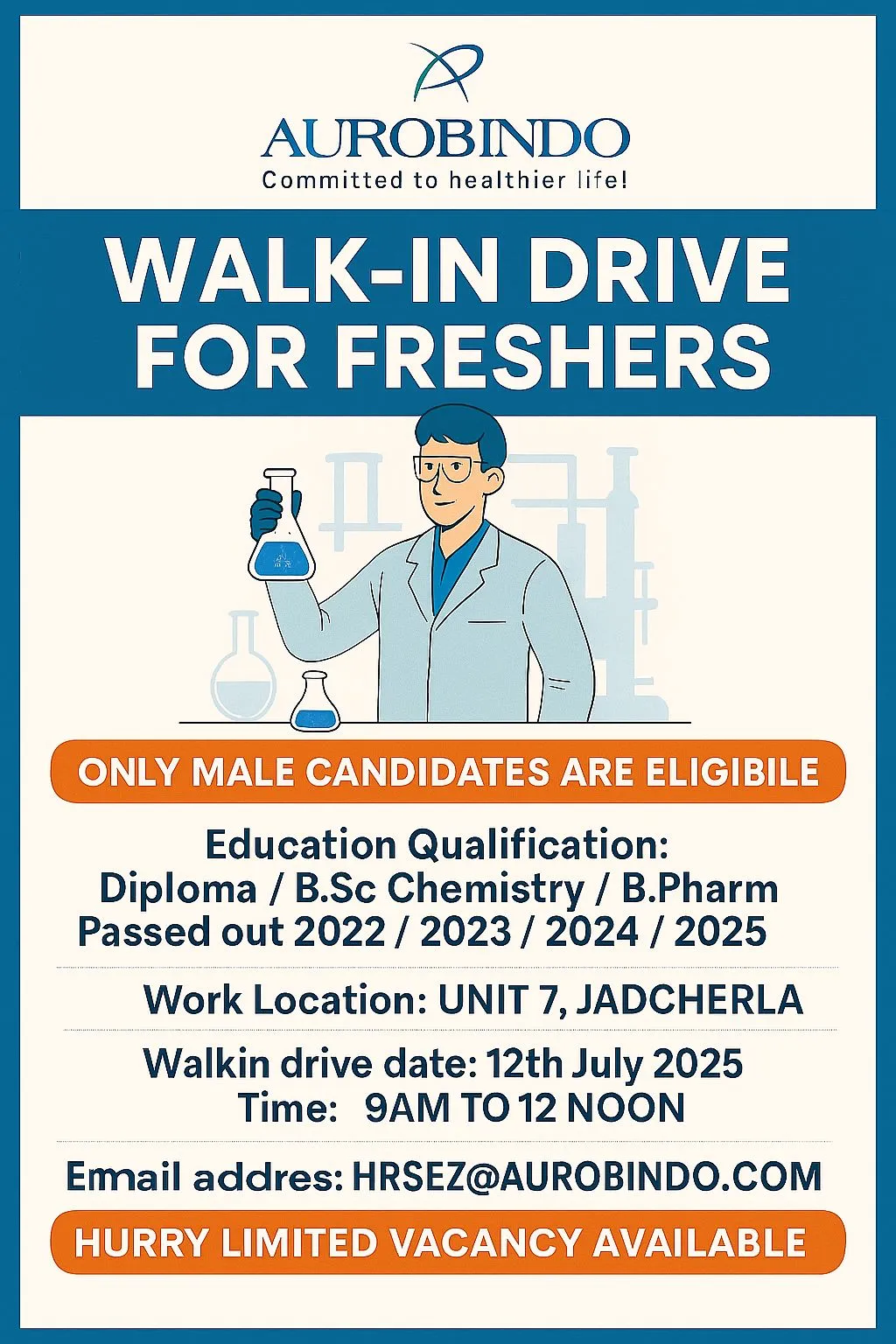 Aurobindo Pharma Walk In Interview for Freshers | Production Dept – Apply Now!
