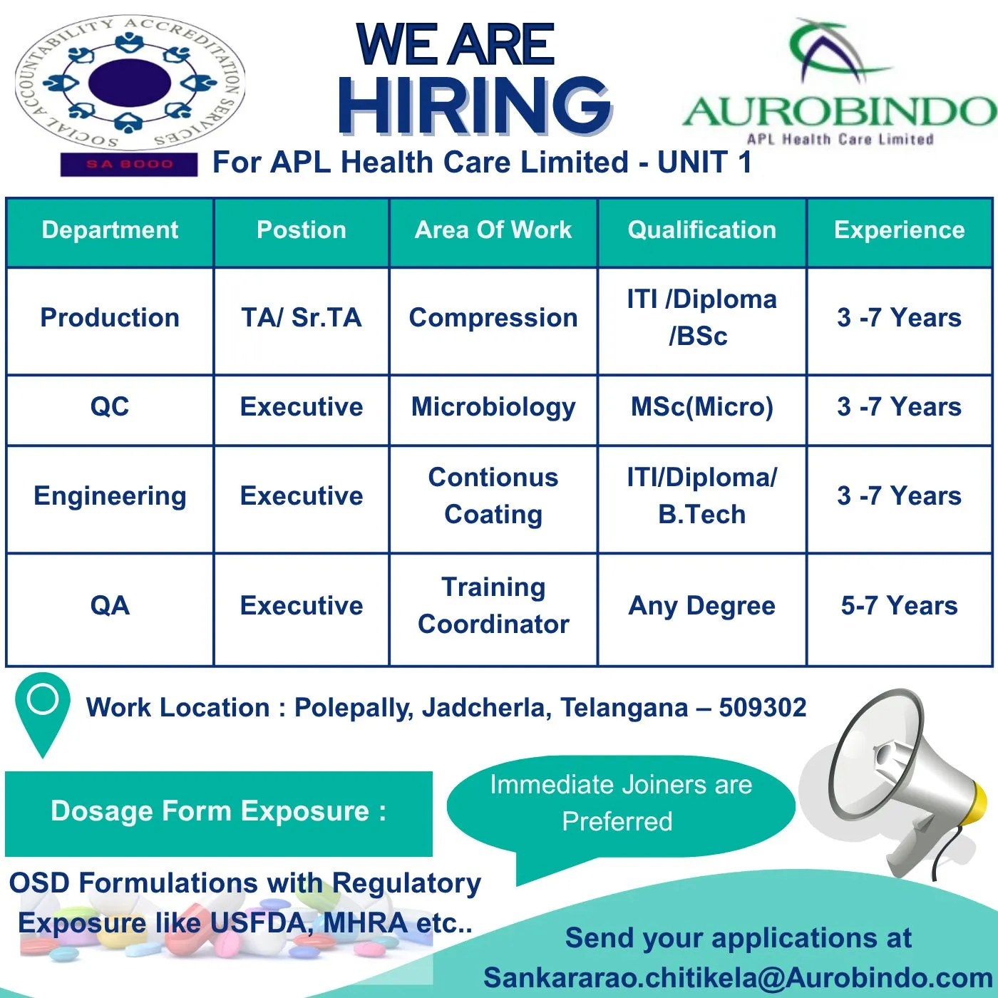 Aurobindo Pharma Hiring – Apply for Production, QC, QA & Engineering Jobs