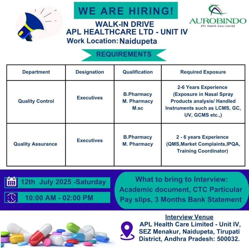 Aurobindo APL Healthcare Walk-In Drive for QA & QC Executives