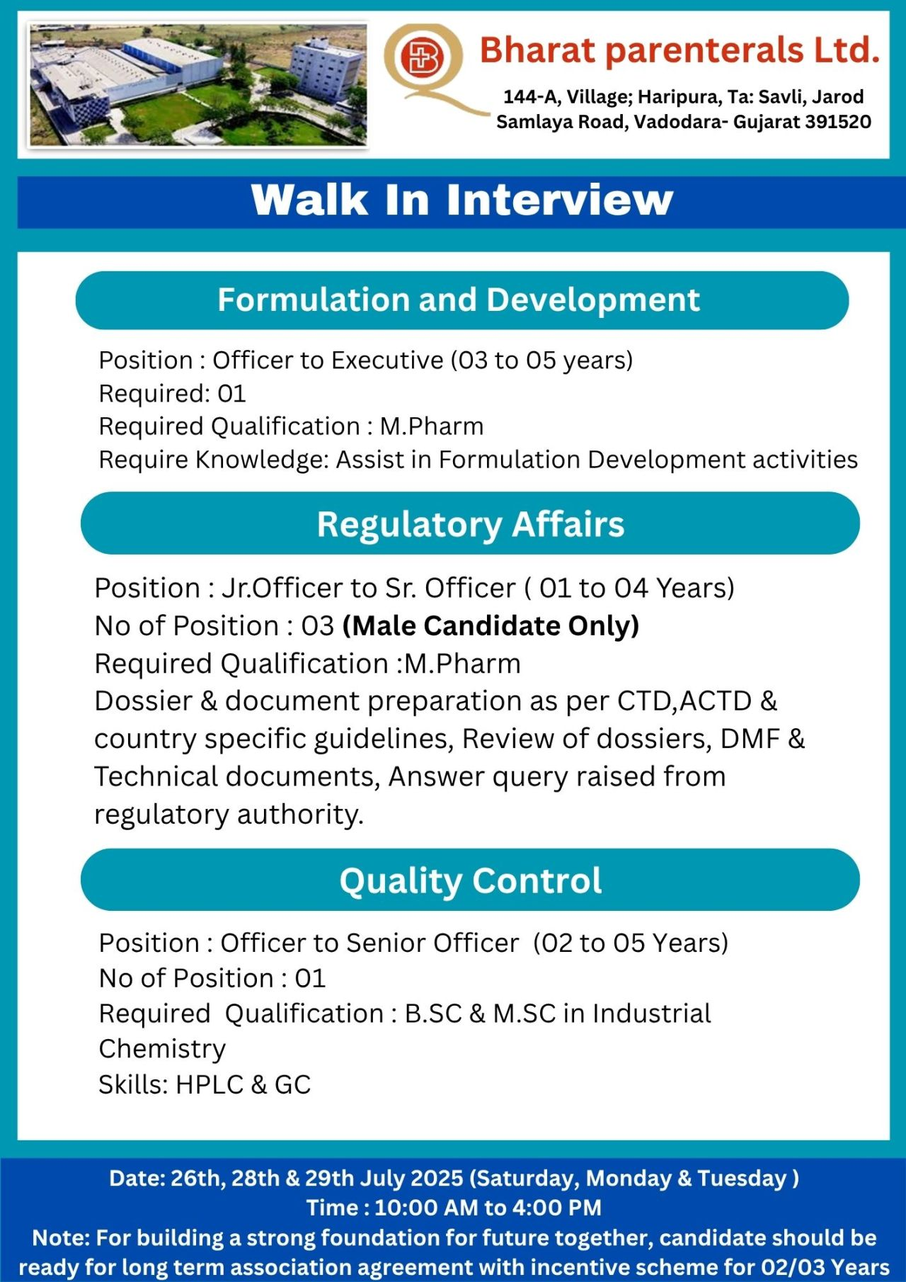Bharat Parenterals Walk In Interview – Pharma Jobs