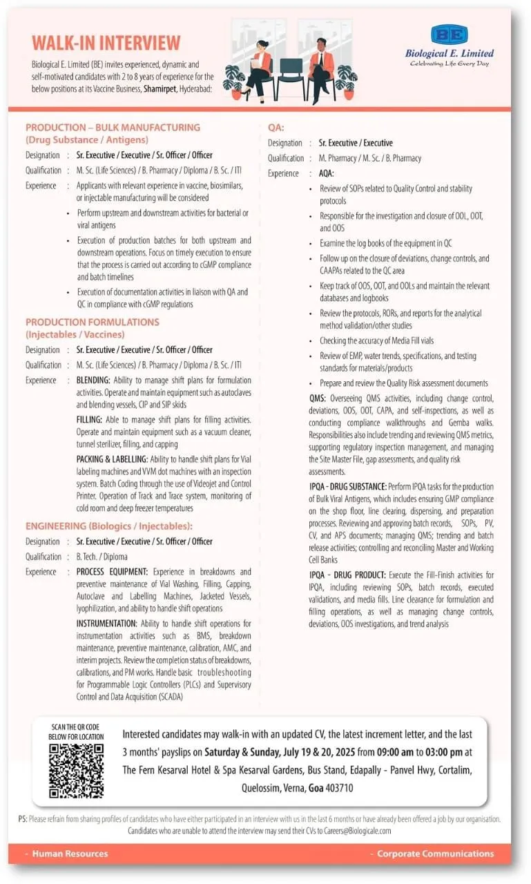 Biological E. Ltd Walk-In Interviews | Hiring for QA, Production & Engineering Roles