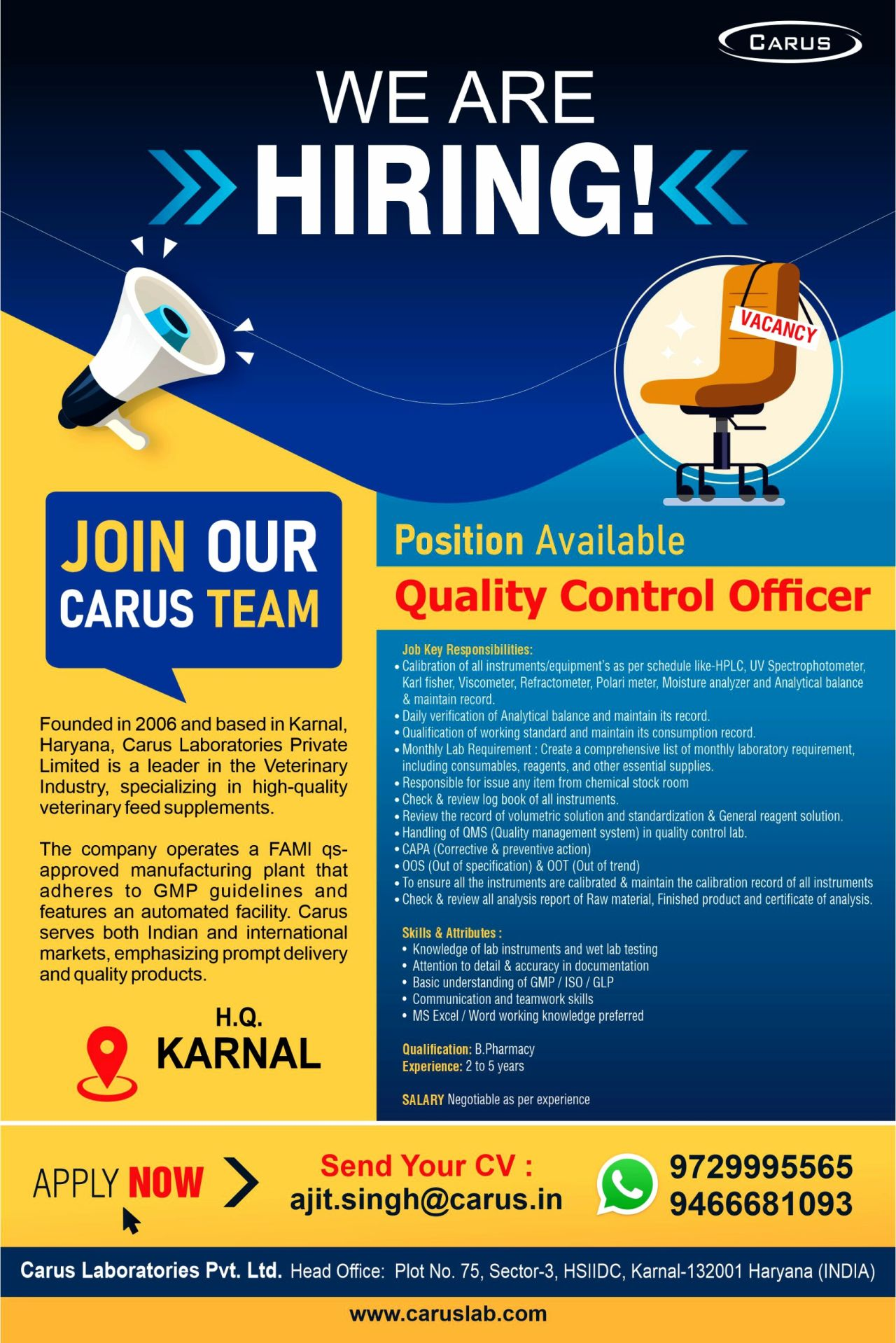 Carus Laboratories Hiring for Quality Control Officer | Apply Now for QC Pharma Job