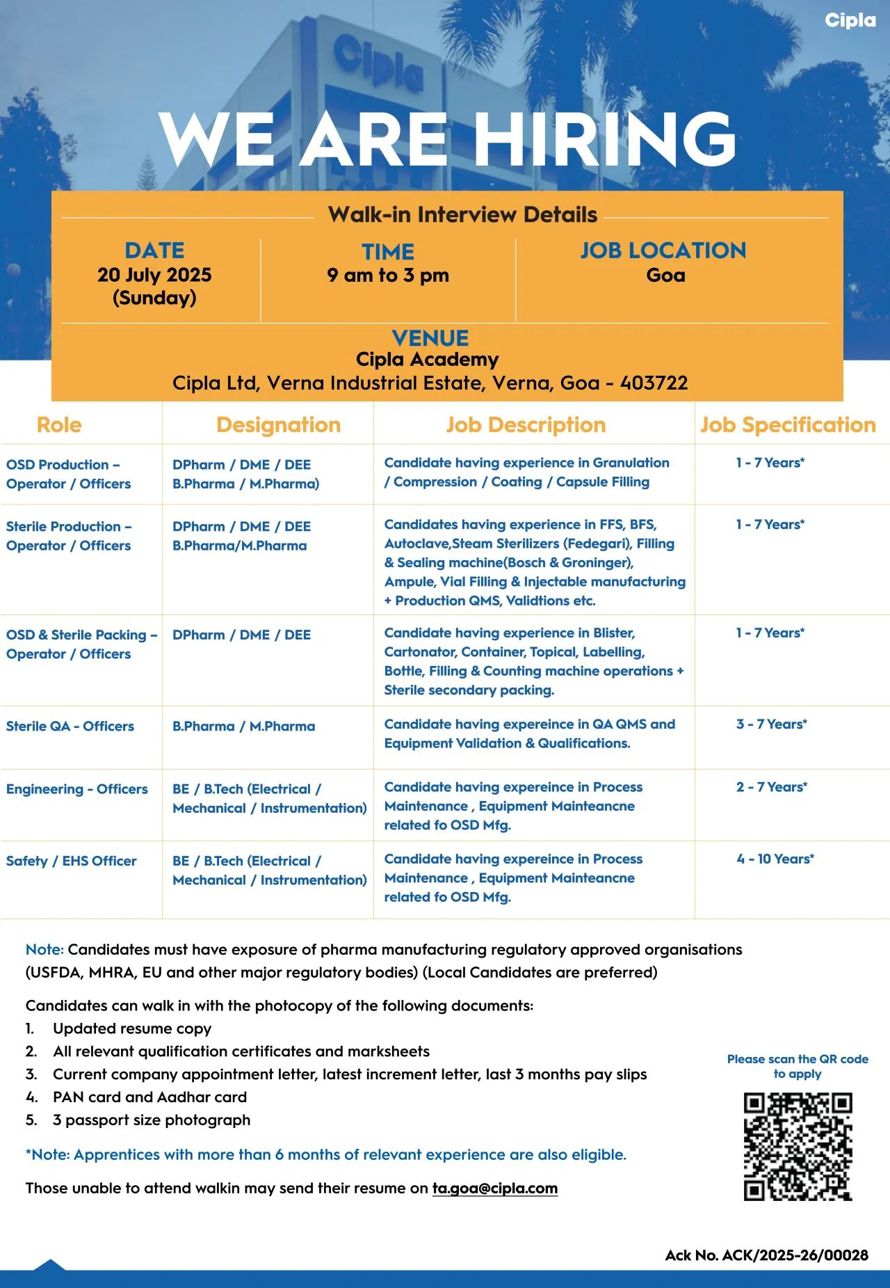 Cipla Walk In Interview – Hiring for Production, QA, Packing, EHS & Engineering Roles