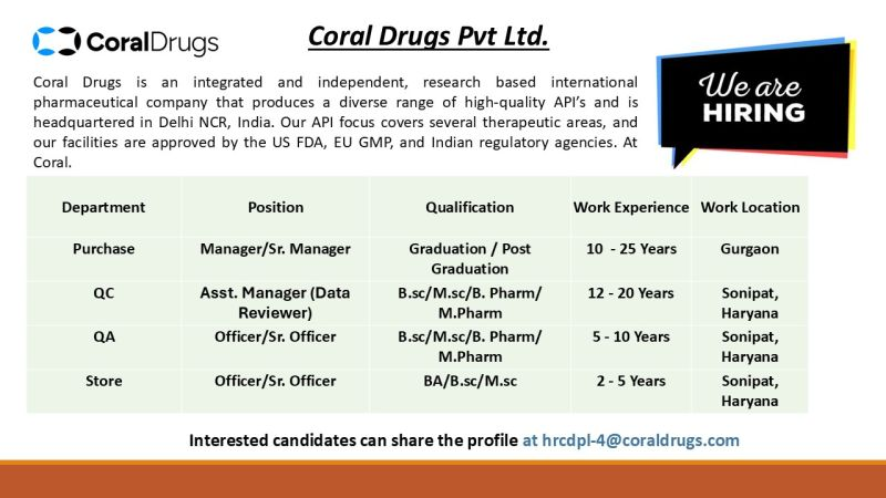 Coral Drugs Walk-In Hiring: QA, QC, Purchase & Store Jobs – Apply Now