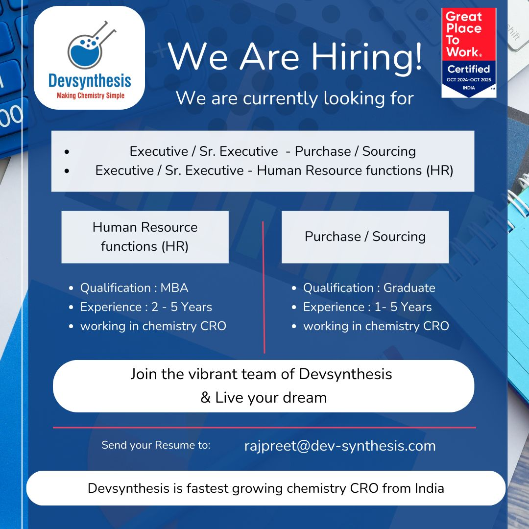 Devsynthesis Hiring HR & Purchase Executives – Apply Jobs in India’s Leading Chemistry CRO