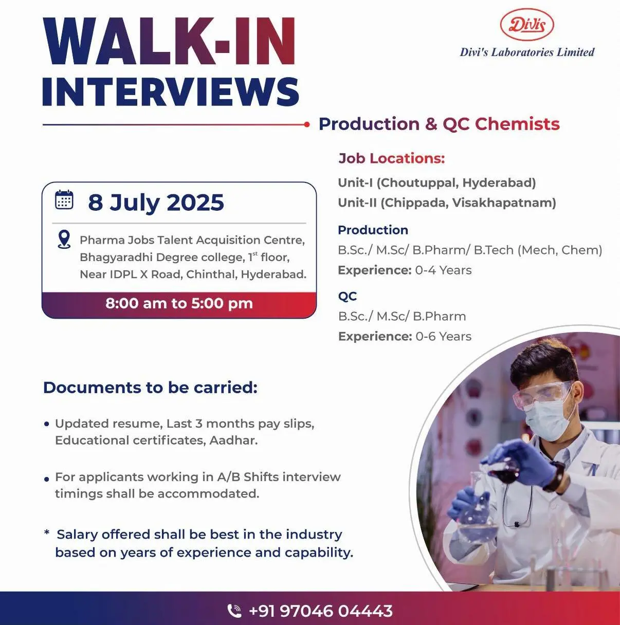 Divis Laboratories Walk-In Interview for Production & QC Roles – Freshers & Experienced | 8th July 2025