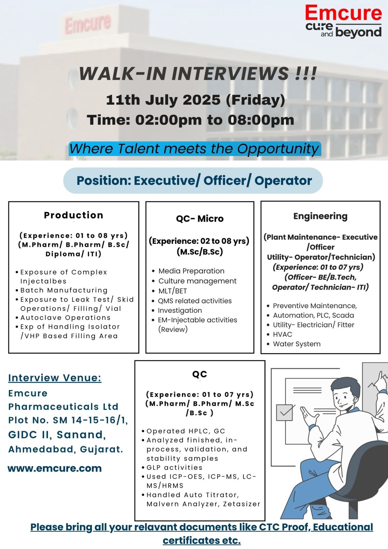 Emcure Pharmaceuticals Walk In Interview – Production, QC, Microbiology & Engineering Roles