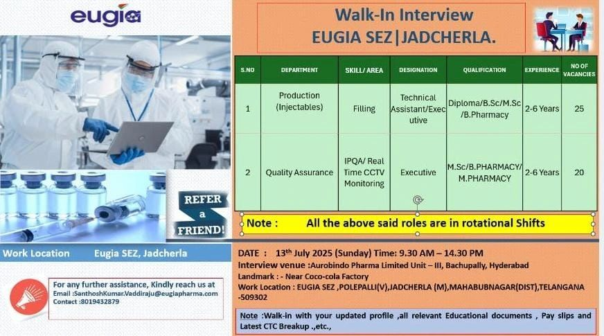 Eugia Pharma Walk-In Interview on 13th July 2025 | Production & QA Jobs – Aurobindo Pharma Careers
