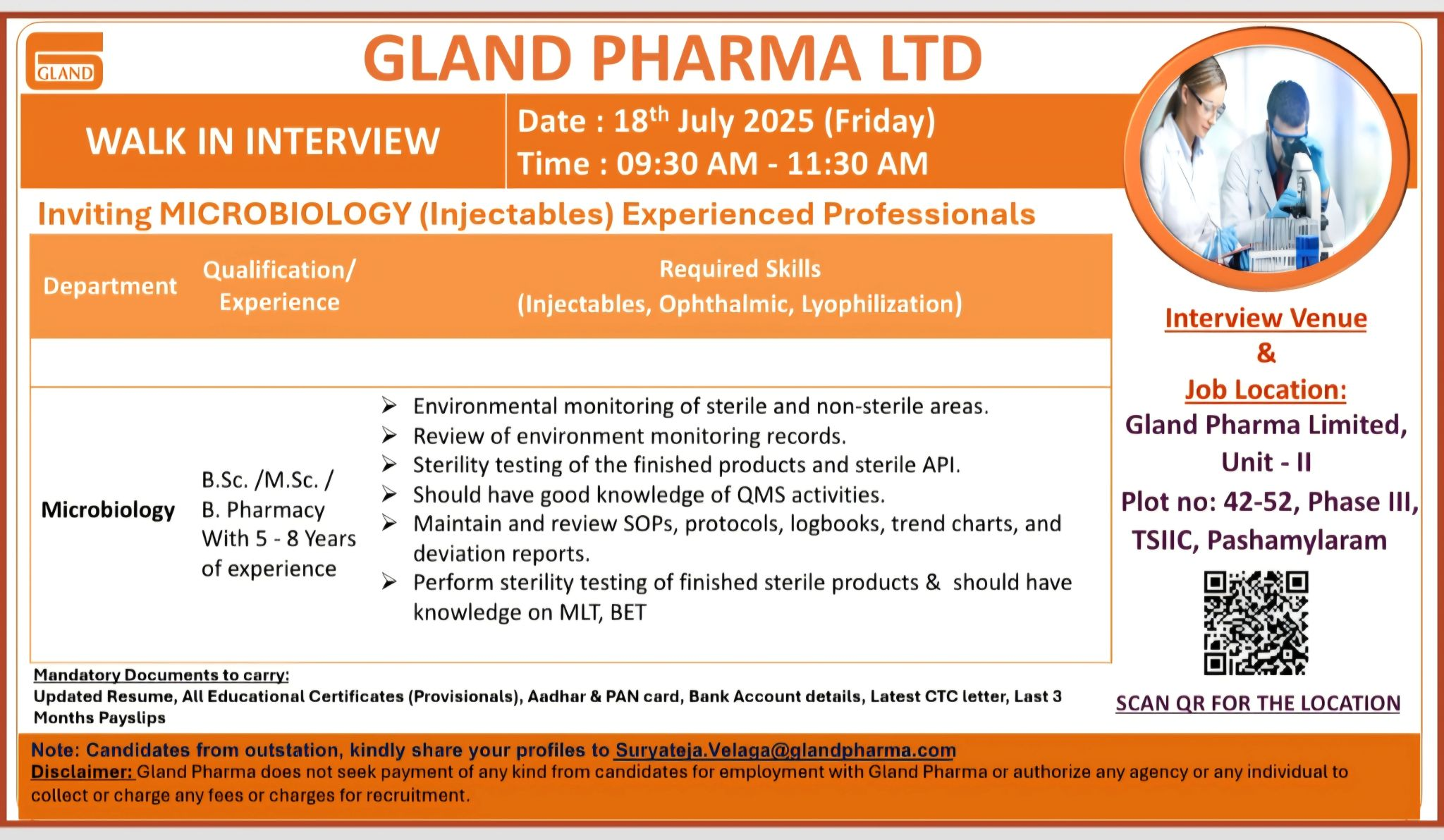 Gland Pharma Walk-In Interview | Hiring Microbiology Professionals