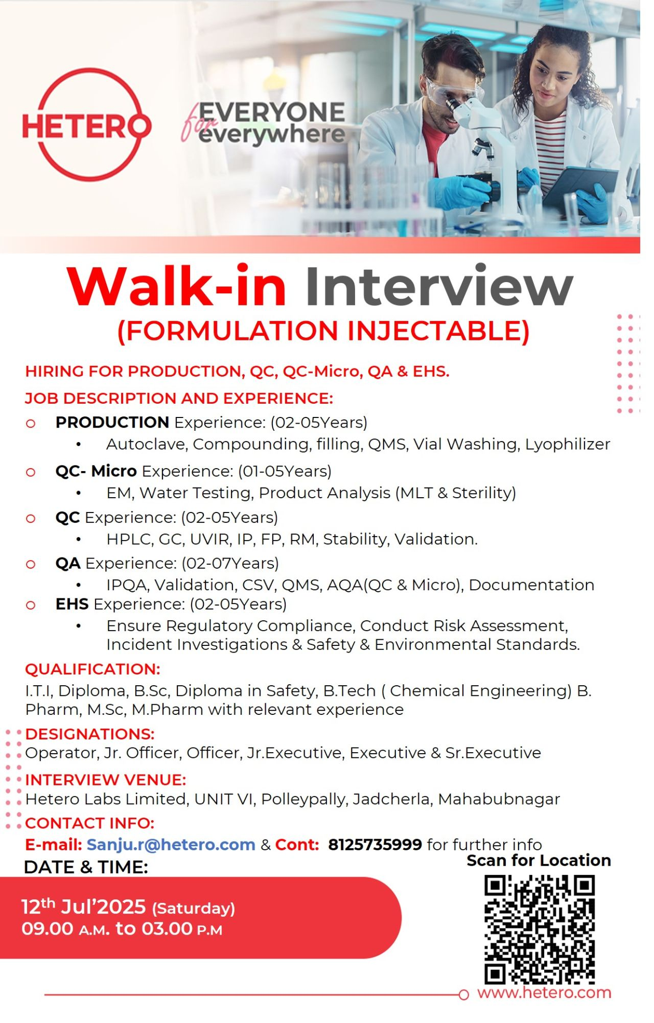 Hetero Labs Walk In Interview – Injectable Formulation Jobs in Production, QC, QA & EHS