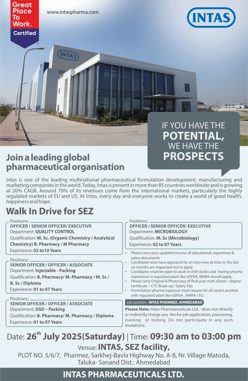 Walk In Interview – QC, Microbiology, Injectable & OSD Packing Jobs