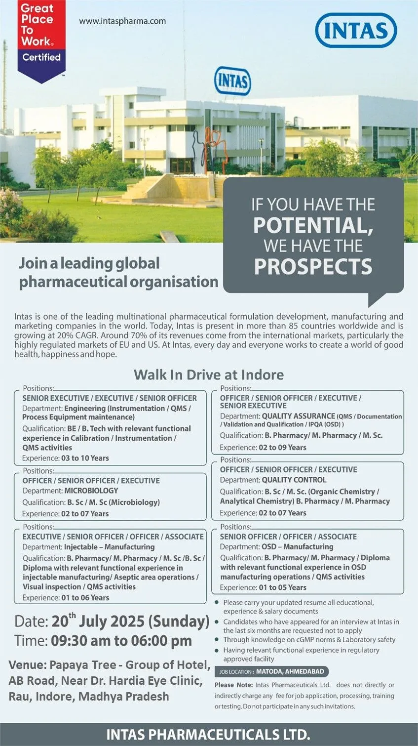 Intas Pharmaceuticals Walk In Interview – Hiring for Manufacturing, QA, QC, Microbiology & Engineering