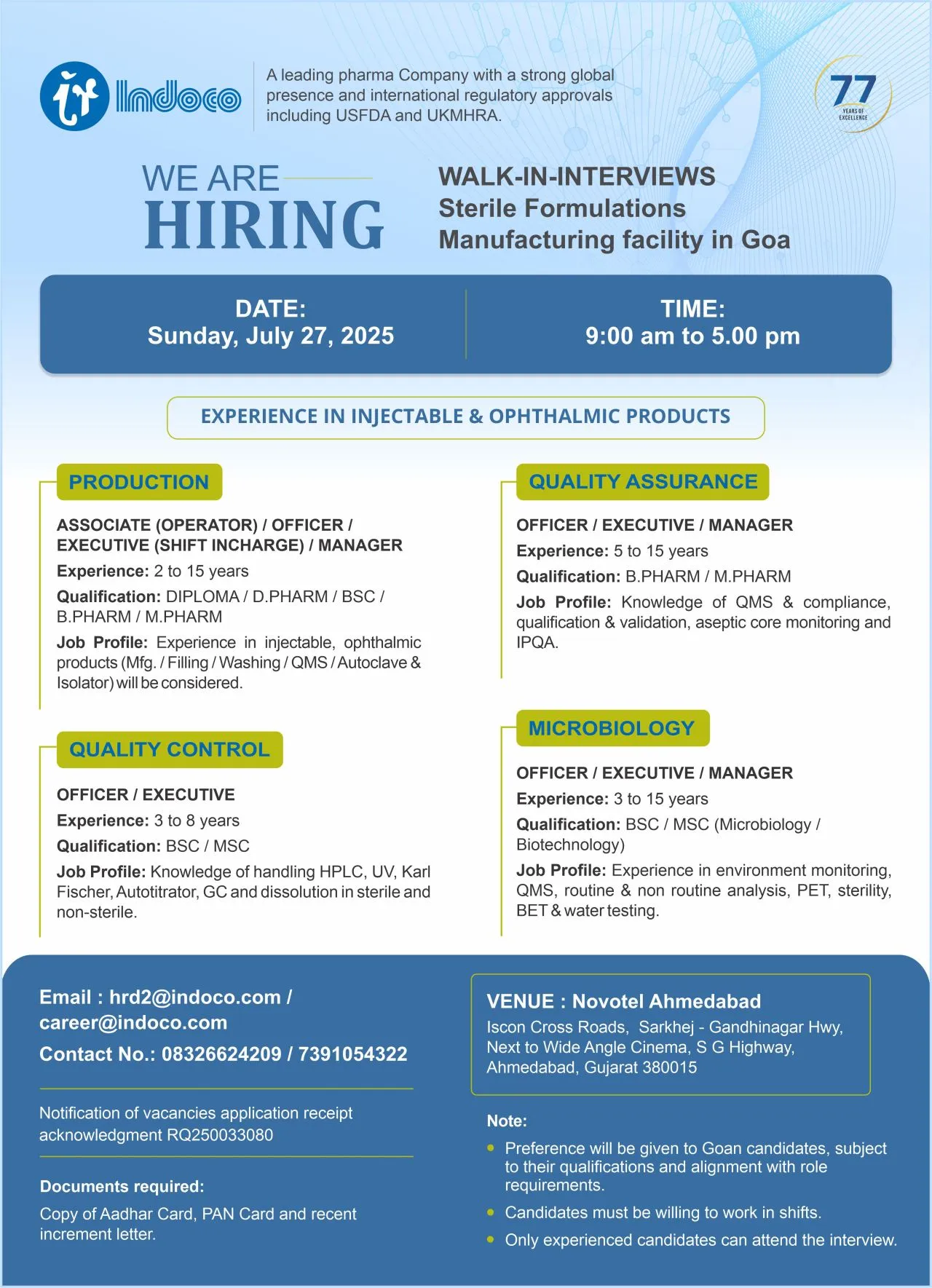 Indoco Remedies Walk In Drive – QA, QC, Production Jobs