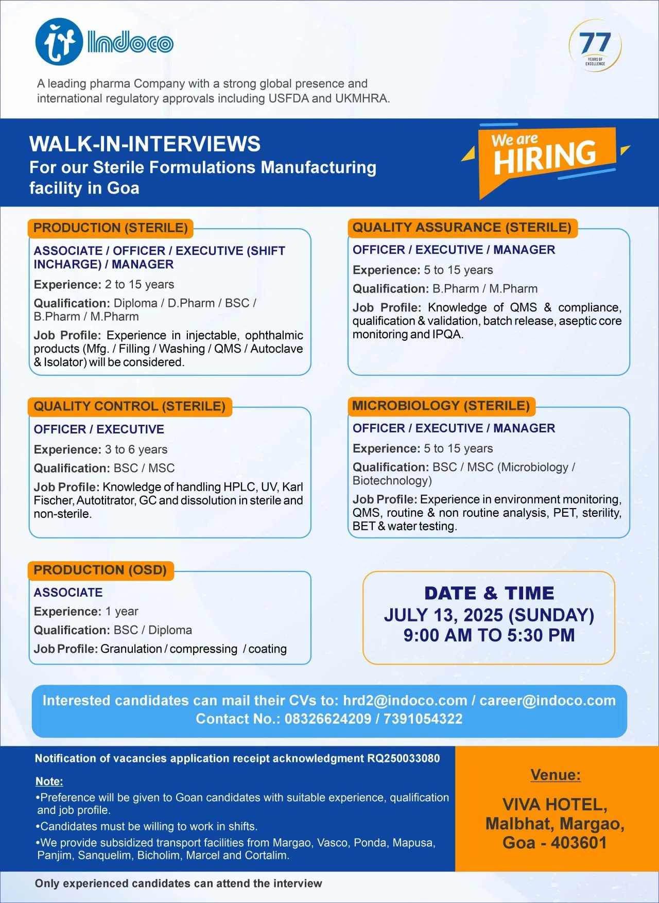 Indoco Remedies Walk In Interview – QA, QC, Microbiology & Production Jobs in Goa