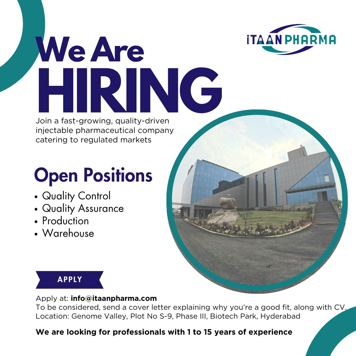 ITAAN Pharma Hiring in Genome Valley – Multiple Openings in QC, QA, Production & Warehouse (1–15 Yrs Exp)
