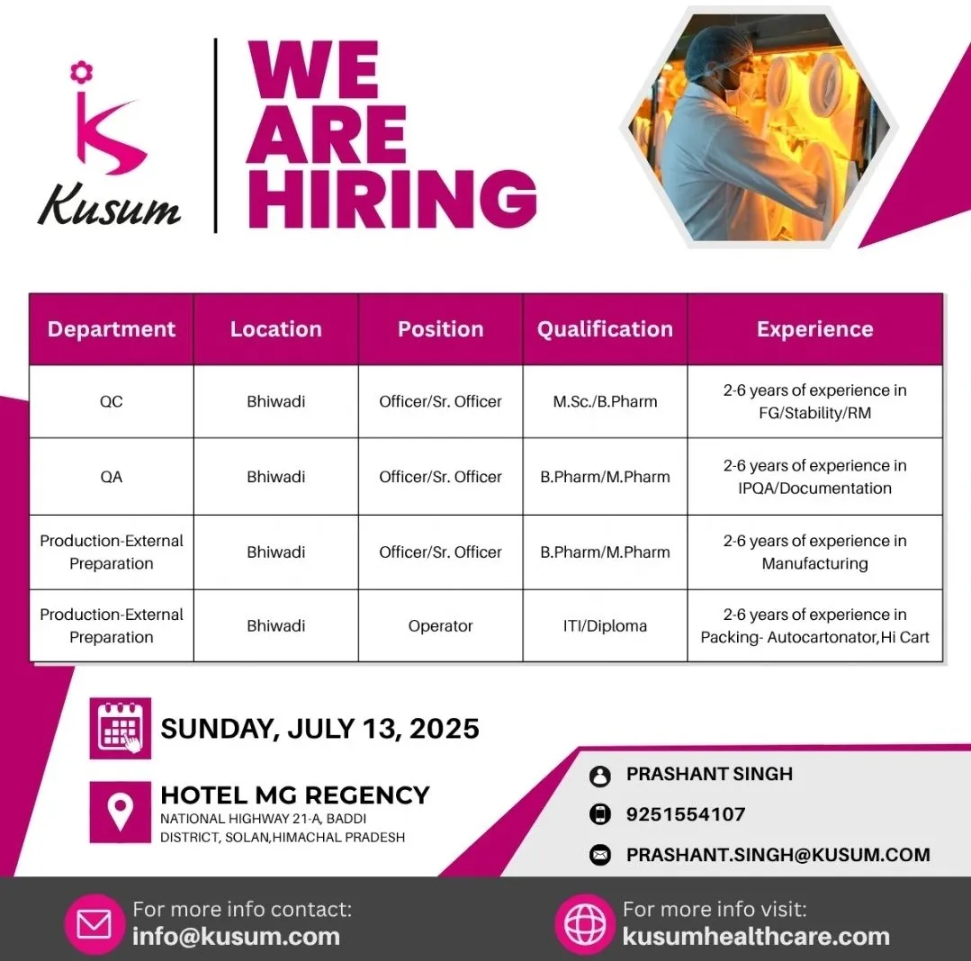 Kusum Healthcare Walk In Interview – Production, QA & QC Jobs | Apply Now