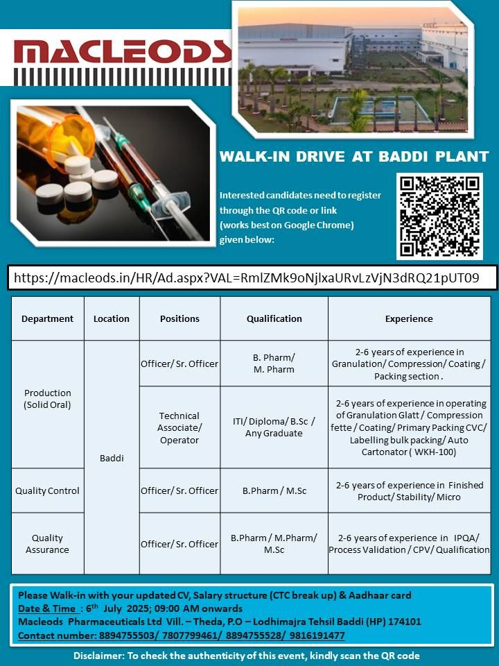 Macleods Pharmaceuticals Walk-In Interview – Production, Quality Assurance & Quality Control Roles | 6th July 2025