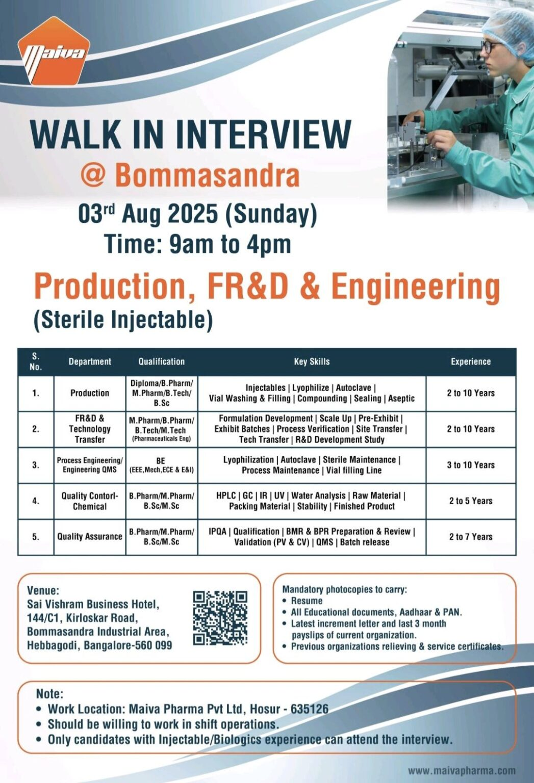 Walk In Interview – Sterile Injectable Production, QA, QC, FR&D Jobs