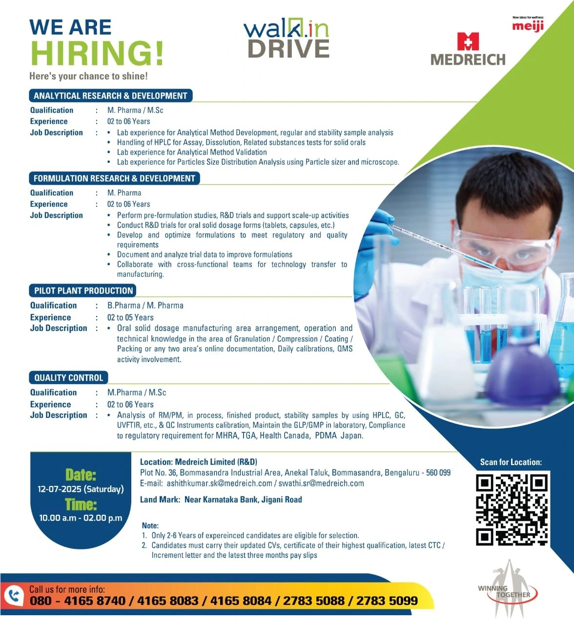Medreich Limited Walk-In Interview for Production, QA, QC & R&D Roles – 12th July 2025 | Pharma Jobs