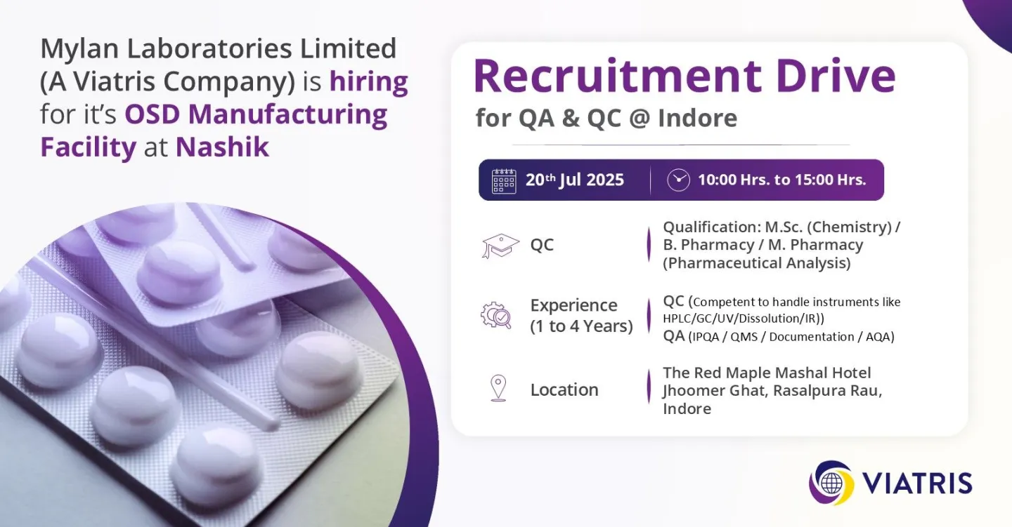 Mylan Laboratories (Viatris) Walk-In for QC & QA Jobs
