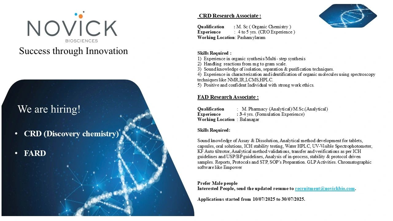 Novick Biosciences Walk In Interview | CRD & FAD Research Associate Jobs in Hyderabad – Apply Now