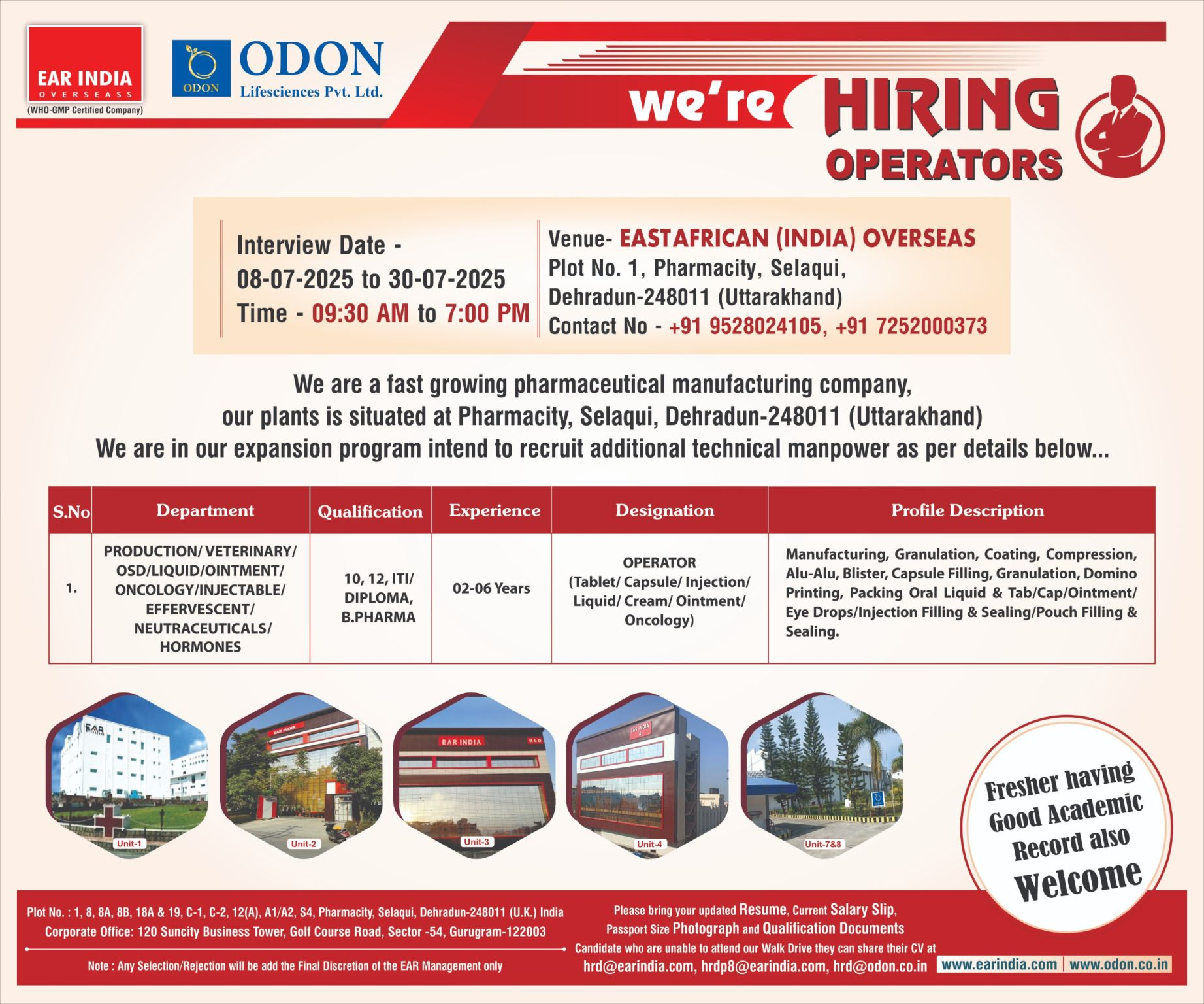 Freshers Jobs at Odon Lifesciences: Walk In Interview for 10th, 12th, ITI, Diploma, B.Pharma | Dehradun