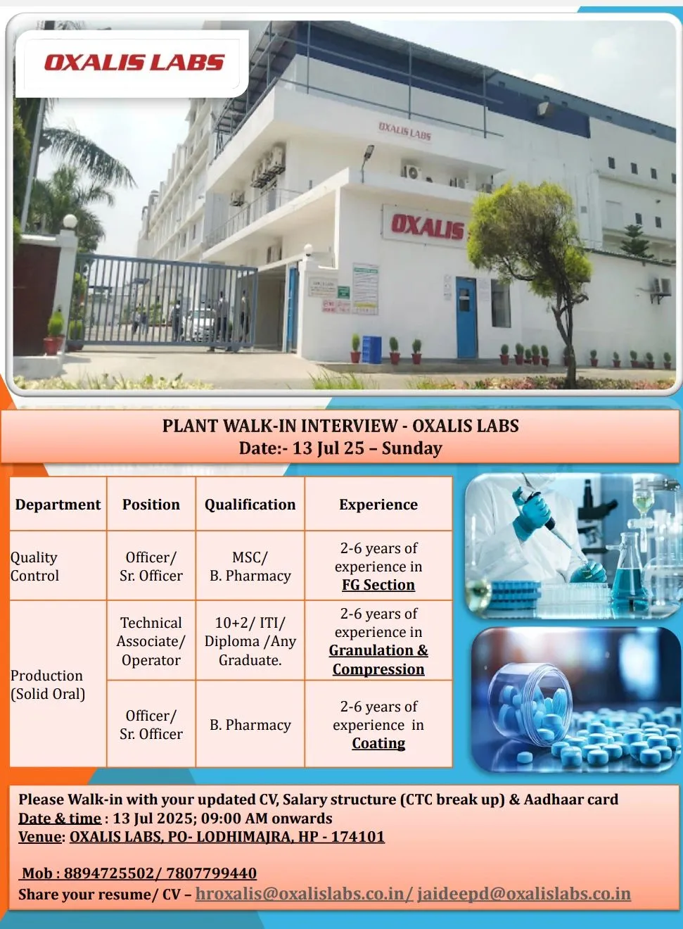 Oxalis Labs Walk In Interview – Production & QC Jobs in Baddi for M.Sc, B.Pharm, M.Pharm, ITI, Diploma & Graduates